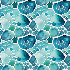Vibrant geometric pattern featuring watercolor shapes in shades of teal and blue on a white background