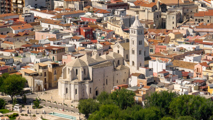Aerial view of the Basilica of Santa Maria Maggiore in the historic center of Barletta Puglia, Italy. It is the cathedral of the city and it was built in Romanesque and Gothic styles.