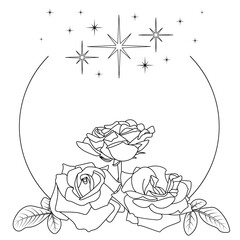Floral stylized frame. Geometric composition, three roses, leaves, black circle contour, black stars. Flat isolated silhouette illustration. Design element, coloring book pages, print, digital