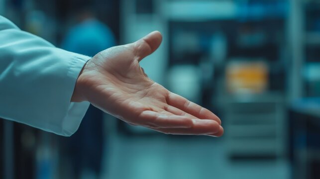 Close-up of an outstretched hand in a medical setting