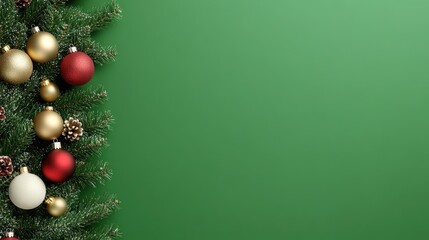 Naklejka premium A close-up view of a festive Christmas tree decorated with golden and red ornaments set against a vibrant green background for holiday cheer