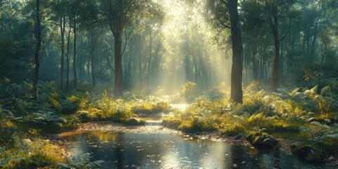 Obraz premium Sunbeams pierce through the canopy of a lush green forest, illuminating a small stream and ferns.