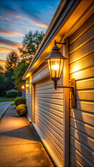 Obraz premium Soft Glow of a Traditional Outdoor Light Casting Warm Illumination on a Garage Wall During Golden Hour in a Charming Suburban Setting