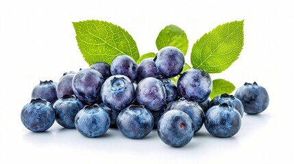 Fototapeta premium Fresh Blueberries Isolated on White Background with Green Leaves, Perfect for Healthy Eating, Smoothies, Desserts, and Culinary Recipes