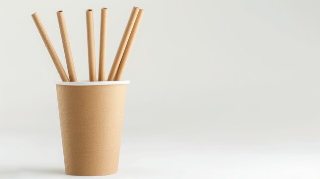 big stack of Eco friendly Reusable paper brown Straws in the brown paper cup, light tones background.
