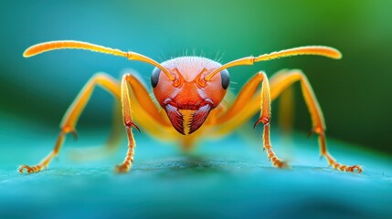 Naklejka premium A close-up of an orange ant with its mandibles open, looking directly at the camera.
