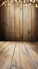 Naklejka premium Cozy rustic wooden backdrop adorned with twinkling string lights for night celebrations and intimate gatherings