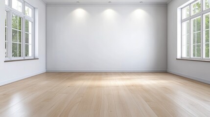 Bright and airy modern flat interior showcasing a minimalistic design with spotlights glowing against a pristine white ceiling