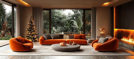 Living Room with Orange Couches and Round Coffee Table.

