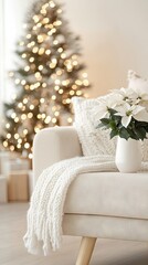 A vibrant poinsettia in a charming vase beside a cozy sofa draped with a white blanket, enhancing a festive Christmas living room atmosphere