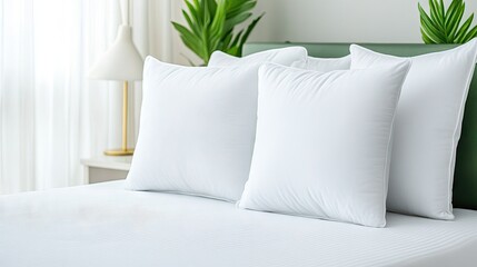 A cozy modern bedroom with a plush mattress and fluffy white pillows, inviting rest and relaxation in a serene setting
