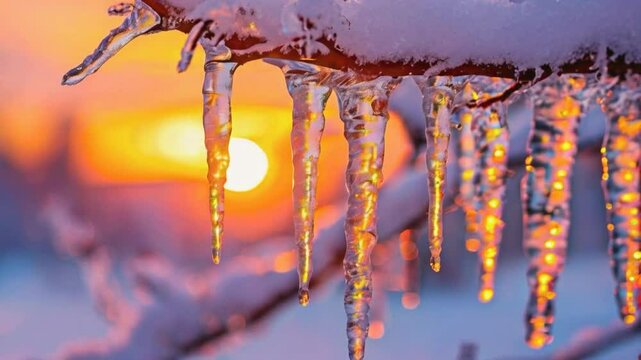 Icicles hang from a snowy branch, illuminated by a warm sunset in a serene winter landscape.