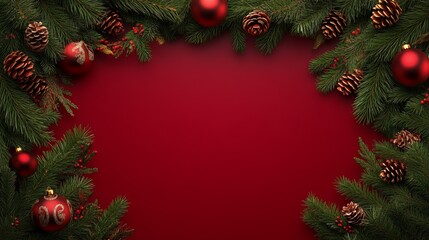 Festive Pine Branches with Red and Gold Christmas Ornaments on Red Background