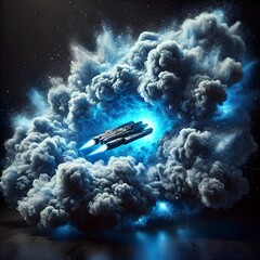 Spaceship flying through dense blue clouds in a surreal space scene, conveying adventure, exploration, and a sense of mystery.