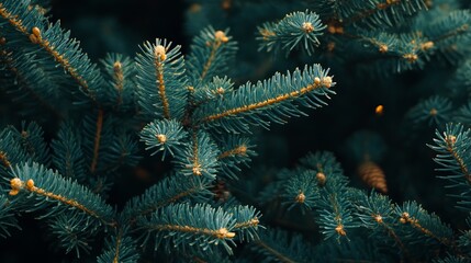 Fir Tree Branches with Snowflakes in Christmas Background