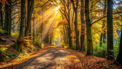 Tranquil Forest Path Covered with Fallen Leaves and Dappled Sunlight Filtering Through the Trees, Creating a Serene and Peaceful Woodland Scene