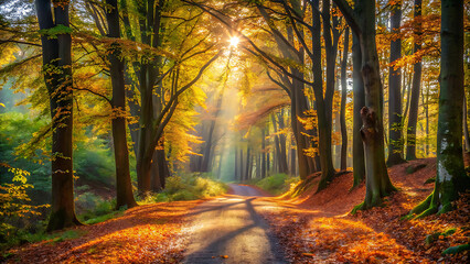 Obraz premium Tranquil Forest Path Covered with Fallen Leaves and Dappled Sunlight Filtering Through the Trees, Creating a Serene and Peaceful Woodland Scene