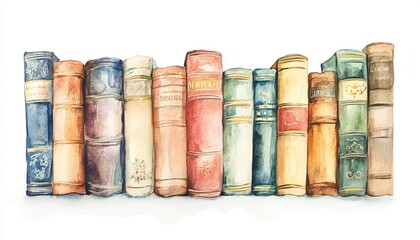 Watercolor Illustration of Vintage Books on a Shelf