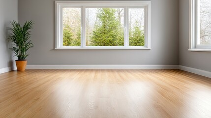 A stylish wooden makeup mirror with bright bulbs illuminates a minimalist room featuring soft gray walls and natural light through large windows
