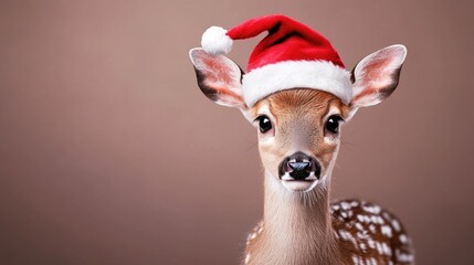 A festive deer dons a cheerful Santa hat, bringing holiday spirit to a cozy winter background in hyper-realistic style