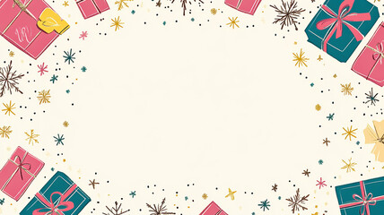 Fototapeta premium Holiday border design with gifts and snowflakes in pastel colors