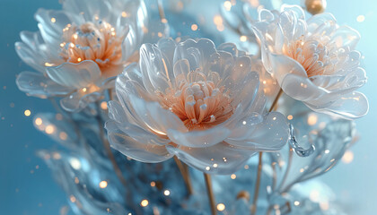 translucent 3D flower, glass material, holographic style,  delicate sculpture