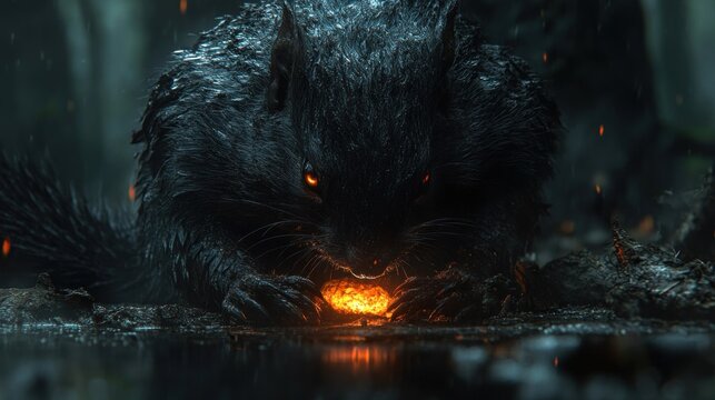 A dark, demonic squirrel with glowing red eyes holds a burning orb in its paws. - Powered by Adobe