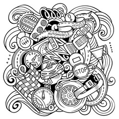 Auto Service cartoon vector illustration. Detailed composition with lot of Automotive objects and symbols