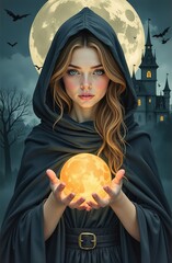 Young lady in witch costume in cloak with magic glowing ball in hands against haunted castle at night