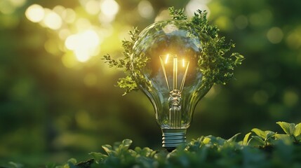 Green Background with Lightbulb Growing in a Field Representing Eco-Friendly Innovation