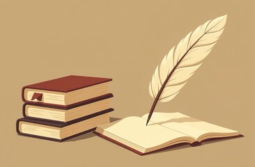 A stack of old books, an inkwell with a quill pen and wild flowers on a light background. Vintage postcard