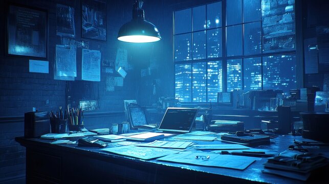 A dimly lit office with a desk, laptop, and a window overlooking a nighttime cityscape.