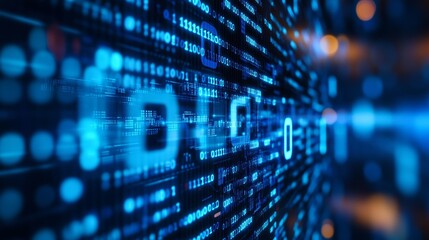 Obraz premium Dark Digital Background with Flowing Data Particles and Futuristic Grid Design in Blue