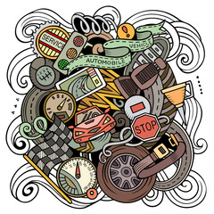 Fototapeta premium Auto Service cartoon vector illustration. Detailed composition with lot of Automotive objects and symbols
