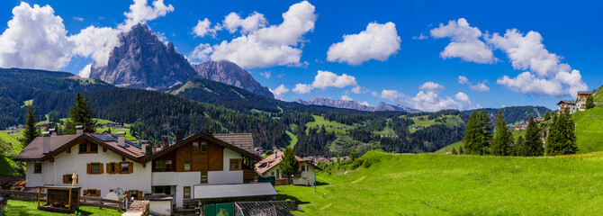 Alpine countryside . beautiful Alps mountains Dolomites, Val Gardena ski resort in south Tyrol in northern Italy. Alpine nature scenery