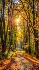 Tranquil Forest Path Covered with Fallen Leaves and Dappled Sunlight Filtering Through the Trees, Creating a Serene and Peaceful Woodland Scene