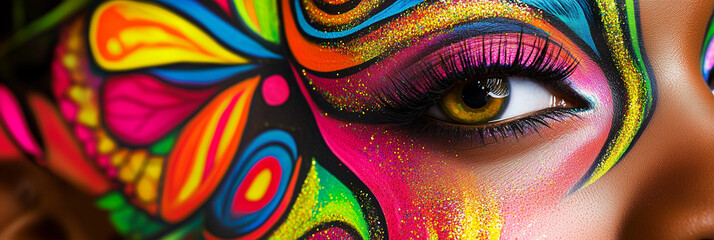 Vibrant eye art with colorful face paint and butterfly design