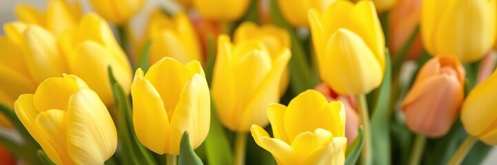 Soft focus yellow tulips in a whimsical floral arrangement with soft pastel colors, whimsical, colorful, garden decor