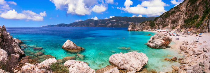 lefkada Ionian island of Greece . best scenic beaches - beautiful Agiofili with turquoise crystal sea and picturesque rocks near Viasiliki