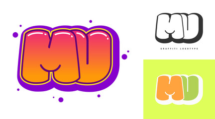 MU logo design for festival or party. Initial letter m and u in graffiti style. Creative modern lettering company name of font typography. Kids trendy logotype or identity.