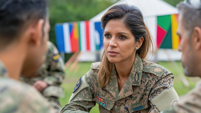 Female officer engaged in military briefing at international training camp