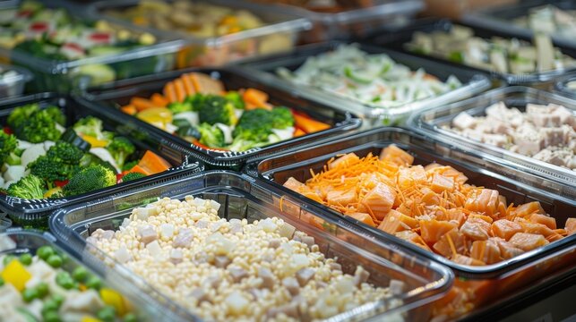 Plastic containers filled with various chopped vegetables, fruit, and protein are arranged in rows, offering a healthy and convenient meal option