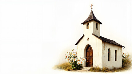 Fototapeta premium Charming vintage church surrounded by blooming lilies and tranquil nature