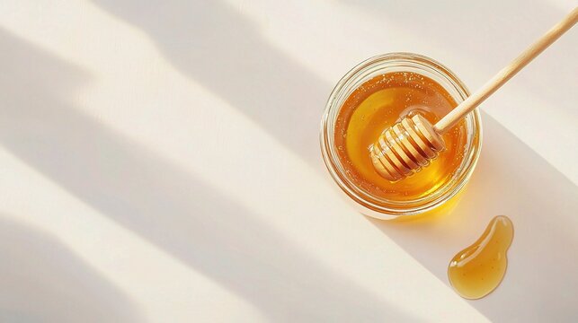 Jar of Honey with Wooden Dipper Isolated on White Background, Perfect for Culinary or Health-Themed Stock Photo Projects