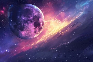 Obraz premium Purple planet with glowing atmosphere and stars in the background