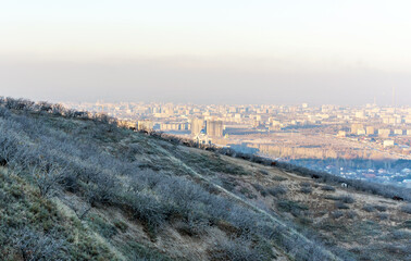 Against the background of Bishkek, a smog-covered city, a herd of horses descends from a hill...