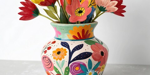 Vibrant abstract flowers bursting out of a colorful ceramic vase with bold brushstrokes and playful shapes, interior design trends, hand-painted flowers, colorful vases