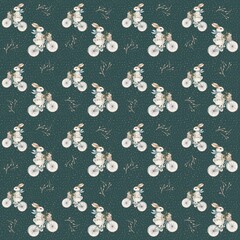 Pattern of whimsical bicycles with plants against a dark green background