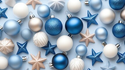 A delightful arrangement of blue ornaments and stars, revealing the magic of the holiday season in a beautifully detailed composition