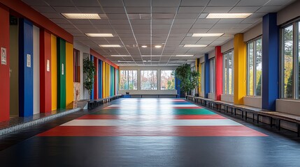 Vibrant School Corridor: A colorful and inviting school hallway with a playful floor design and large windows, creating a bright and stimulating learning environment. 